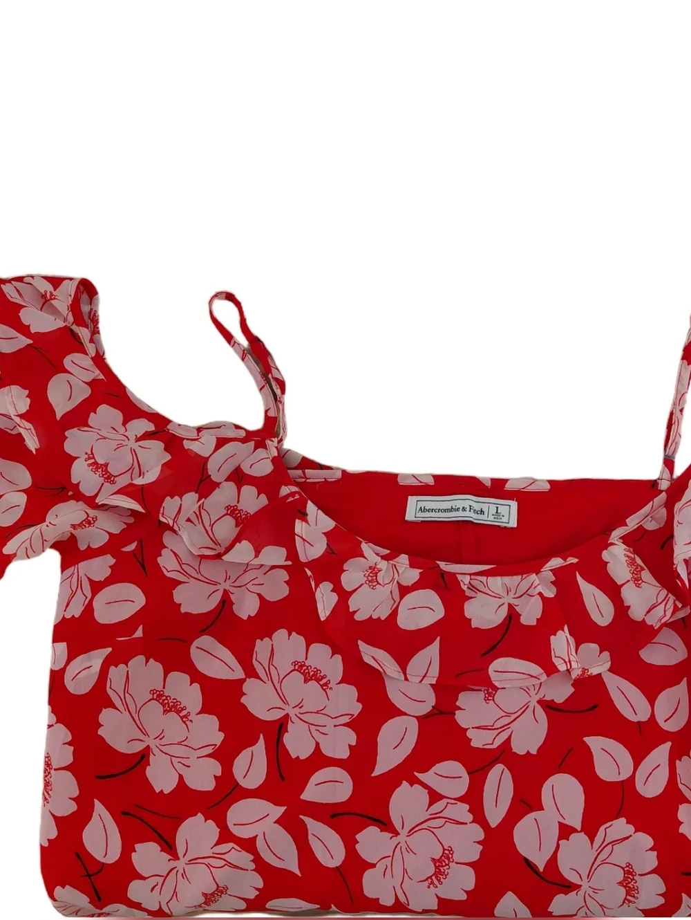 Abercrombie & Fitch Red Floral Cold Shoulder Dress Ruffle Sleeve Size Large - Picture 4 of 10